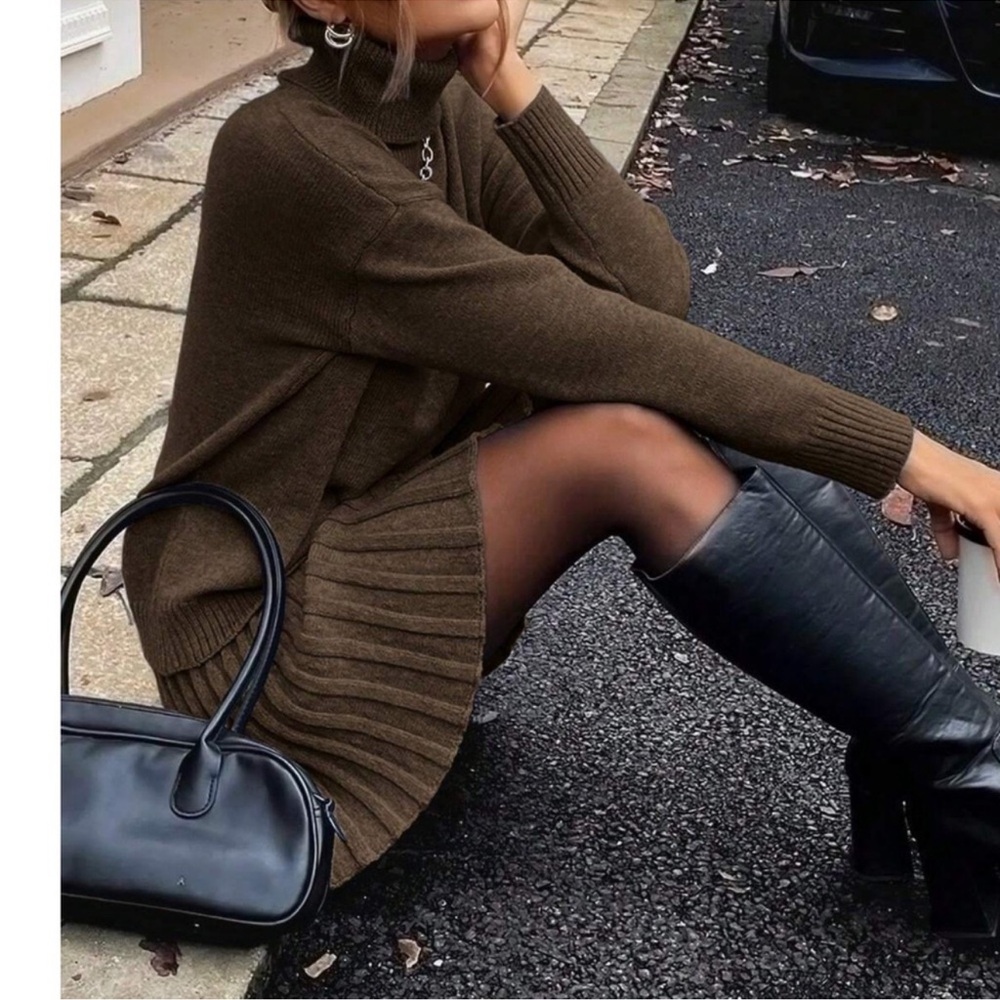 Classic Turtleneck Knit Sweater Textured Mini Skirt Set S M L XL